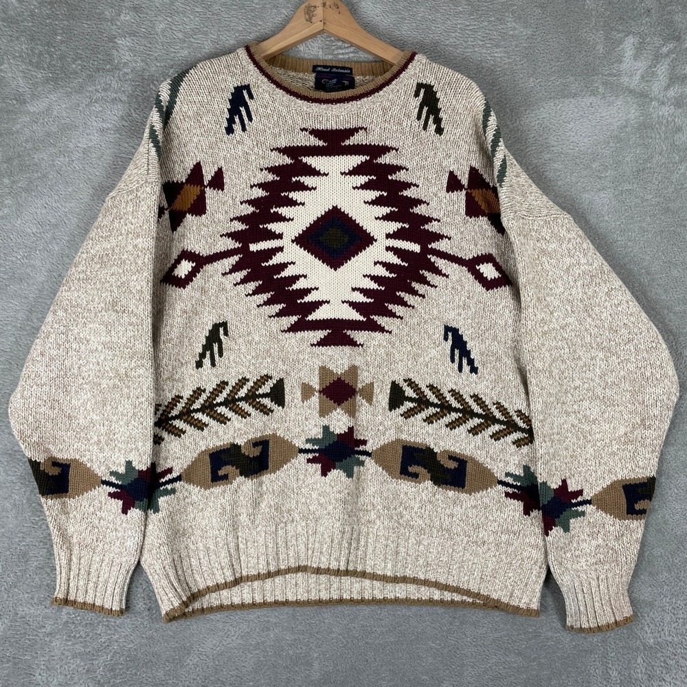 Gant Sweater Mens XL Beige Southwestern Hand Intarsia Cotton Aztec Crewneck